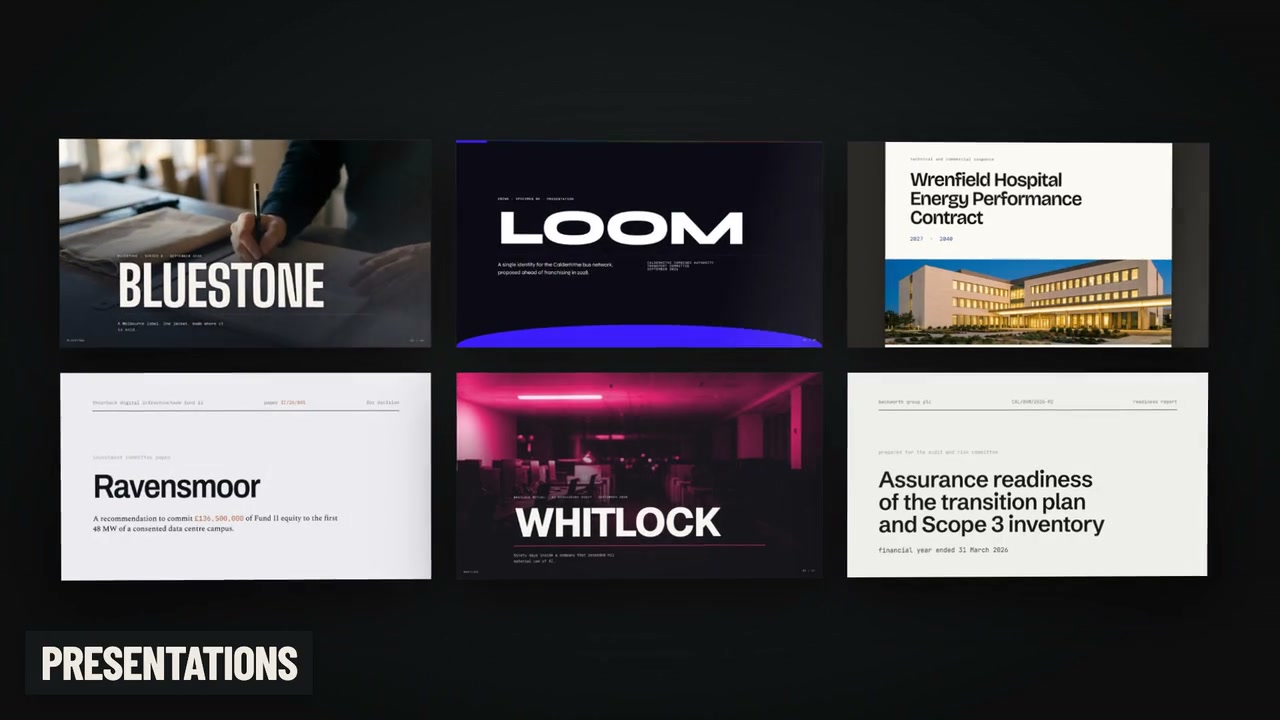 Enzwa studio reel: six presentations shown together, plus interactive pages, films, AI workflows and explainers.